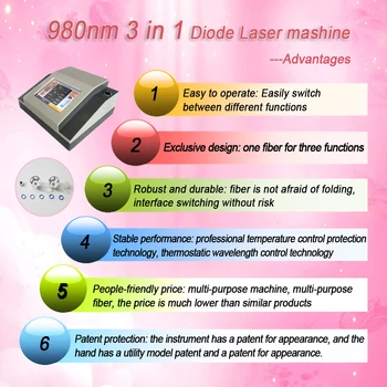 Večfunkcijsko 3IN1 980nm Diod Laserska Pajek Vene Odstranitev nohtov glive Bolečine fizioterapija laser dioda 980nm