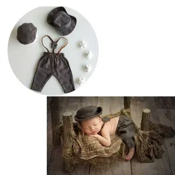 Dolge Hlače in 2 Slog Klobuki Set Pribor za Novorojenčka Fotografija Rekviziti Kariran Kostum za Malčke Baby Boy Malo, Gospod Obleko