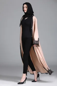 Plus Velikost Ženske Dolgo Brezrokavniki Čipke Mozaik Elegantno Muslimanskih Dolgo Cardigan Islamske Abaya V Vratu Outwear Odprite Abaya Dubaj