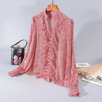 Nove Majice Cvetlični stojalo ovratnik lesa uho svileno srajco temperament v zgodnji pomladi leta 2020 ženske s cardigan fashion