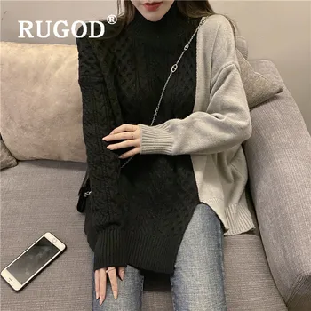 RUGOD Letnik kontrast barve turtleneck pulover ženske, korejski leni slog ohlapen pulover pozimi debele twist pulover Skakalec 2020