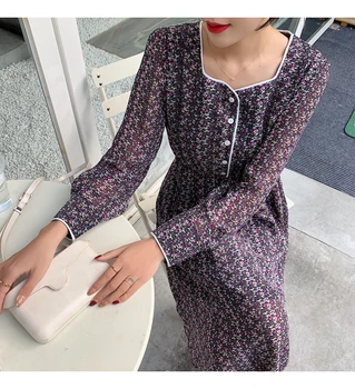 Ženske Šifon Obleko 2020 Pomlad Poletje Nov Modni Ženski Long Sleeve Vintage Tiskanja Cvetlični A-line Obleka Ohlapno Priložnostne Obleke