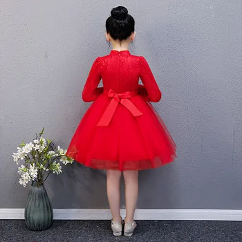 Novo Leto Rdečo Obleko Z Dolgimi Rokavi Princesa Kitajski Retro Obleke Cvet Vezenje Otroci Qipao Cheongsam Obleke Party Večer Frocks