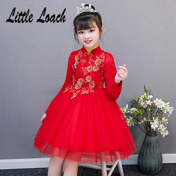 Novo Leto Rdečo Obleko Z Dolgimi Rokavi Princesa Kitajski Retro Obleke Cvet Vezenje Otroci Qipao Cheongsam Obleke Party Večer Frocks