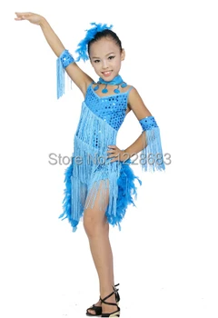 Popust Pero Bleščica Bonitete Dancewear latinski Ples Obleke za prodajo Otrok, Otroci Poceni latinski Ples Obleko Za Deklice