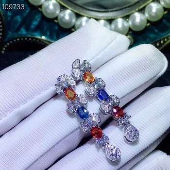 Naravni Multicolor safir spusti uhani S925 srebro, naravni gemstone uhani za ženske Razkošno dolgo Linijo bowknot ženska stranka