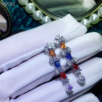 Naravni Multicolor safir spusti uhani S925 srebro, naravni gemstone uhani za ženske Razkošno dolgo Linijo bowknot ženska stranka