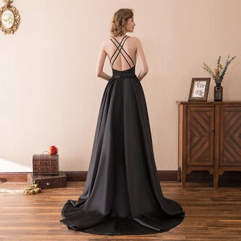 2020 Elegantni Dolgi Črni Maturantski Oblek V Izrezom Backless Saten Ženske Stranka Obleke Dolžina Tal