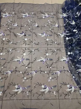 Nove oblike ptičje cvet vezenje nigerijski til tkanine, čipke z majhne kroglice H-82105 z lepo ptica design mornarsko modri barvi