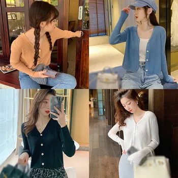 Ženske Majice korejski Barva proti-Vrat t-Shirt Slim Fit Dolgo Sleeved, Pletene Cardigan Ena Velikost Tshirt Vrh Vetements Femmes