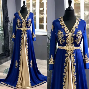 Elegantno Kraljevsko Modra Muslimanskih Večerne Obleke Kristalno Dubaj tam kaftan caftan Dubaj Ženske čipke beaded prom Stranka Obleko abendklei