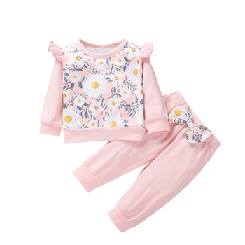 Baby Dekle Cvetlični Oblačila, ki Jeseni, Pozimi vrhu in hlače obleko Cute Sweet Princess Toplo Cvet Tiskanja Obleko