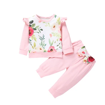 Baby Dekle Cvetlični Oblačila, ki Jeseni, Pozimi vrhu in hlače obleko Cute Sweet Princess Toplo Cvet Tiskanja Obleko