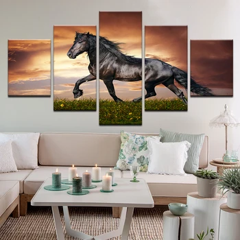 Dark Horse, ki Teče HD Natisni Plakat Platno Slikarstvo Živali Dekor 5 Kos Sunset Sliko Wall Art Dnevna Soba