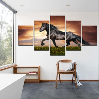 Dark Horse, ki Teče HD Natisni Plakat Platno Slikarstvo Živali Dekor 5 Kos Sunset Sliko Wall Art Dnevna Soba
