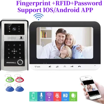 Finerprint RFID Geslo App Remote Unlock Video Vrata Phone 7 Palčni Monitor za Brezžični WIFI Video Zvonec Interkom IR Fotoaparat Kit