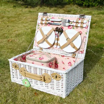 Novi pearl white prenosni protja piknik košaro izolirana ratana s pokrovom za shranjevanje košarico košarico kampiranje