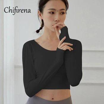 Chifirena Ženske Fitnes T-Shirt Športnih Obreži Zgoraj Dolg Rokav Križ Backless Izpostavljeni Popka Majice za Usposabljanje Seksi Telovadba Oblačila