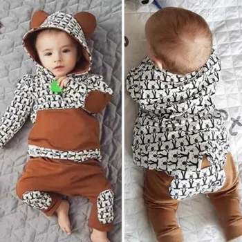Srčkan newborn baby boy jesensko zimska oblačila obleko, dolgimi rokavi pulover s kapuco vrh+ hlače 2Pcs toplo risanka medved tiskanja začetnih fant obleko