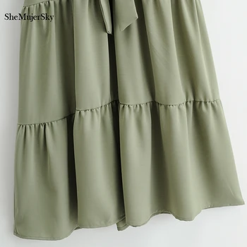 SheMujerSky Poletje Vojske Zelena Midi Obleka Ženske Proti-vrat Kratek Rokav Razrezana A-line Obleko 2021 Sashes Obleko