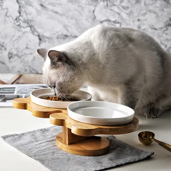 Poševno design Japonski bambusa, lesa in keramike hišne potrebščine mačka skledo dvojno skledo hrane skledo, pes skledo vode skledo zaščito hrbtenice h