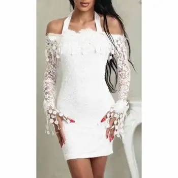 Ženske, Ženske Bodycon Off Ramenski Čipke Obleke Z Dolgimi Rokavi Stranka Večer Počitnice Formalno Mini Belo Obleko