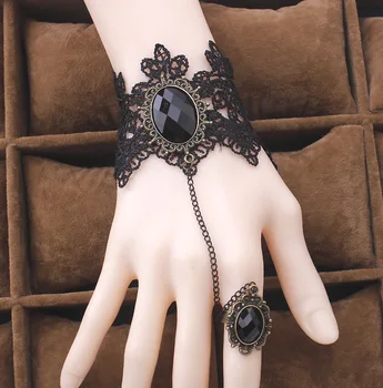 Črne Čipke Zapestnica Prst Strani Verige Pas Ženske Zapestnica Kovinskih Kristalov Čar Steampunk Lady Vintage Nakit