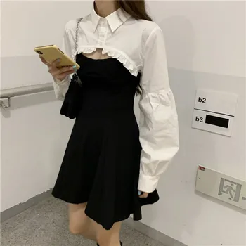Dolg Rokav Shirt Obleko Nastavite Y2K Seksi Sweet modni črno obleko vestido de mujer nova zasnova Latern Elegancija Slog korejski