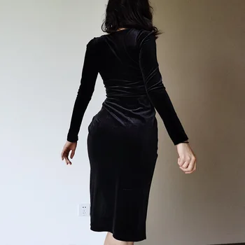 Instahot francoskem slogu mala črna obleka za ženske ins slim moda dolg rokav hip krilo z antilop