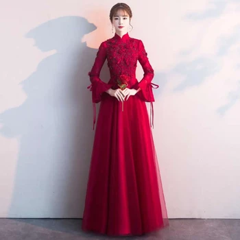 Luksuzni Kitajska Tradicionalna Poročna Obleka Ženske Nevesta Rdečo Vezenino Qipao Cheongsam Obleke Orientalski Večerne Obleke Dolgo Qi Pao