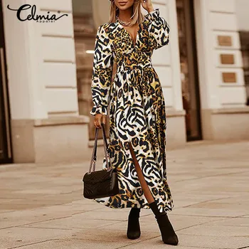 2021 Obleko za Ženske Celmia Seksi Split Leopard Tiskanja Globoko V-neck Maxi Obleko Elegantno Visoko Pasu Dolge Signalne Rokav Vesitdos Robe