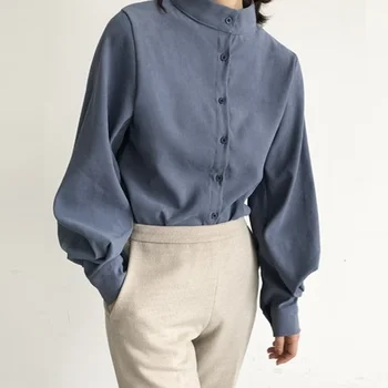 Korejske Modne Ženske Bluze 2020 Poletje Pomlad Zabuhle Rokav Visok Ovratnik Srajca Oversize Femme Bluzo In Vrh Ženske AA5476