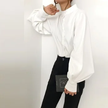 Korejske Modne Ženske Bluze 2020 Poletje Pomlad Zabuhle Rokav Visok Ovratnik Srajca Oversize Femme Bluzo In Vrh Ženske AA5476