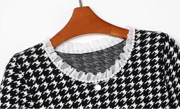 Korejski Sladko Houndstooth Pletene Ženske obleke 2020 Jesensko Zimski Pulover Čipke O-vratu Pearl A-line Stranka Obleko Slim Toplo Vestidos