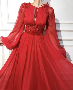 Rdeča Dolgimi Rokavi-Line Večerne Obleke 2020 Seksi Ženske, Formalno Stranko Haljo De Soiree Elegantno Šifon Vestido Dolgo Maturantski Obleko Maxi