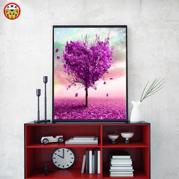 Barvanje z številkami umetnosti barvo s številko Purplel Vijolično srce oblikovan drevo z roko, ki je napolnjena barvno dekoracijo slikarstvo olje paintin