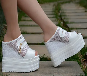 Klin super visoke pete povečanje v čevlje muffin dnu ženske čevlje nepremočljiva platformo debele sandali in natikači AA-187