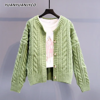 YUANYUANJYCO pozimi debel toplo elegantno jopico ženske priložnostne moda dolg rokav o-vratu, ohlapno zelene pletene ženska puloverji 2020