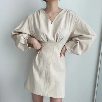 Vintage Puff Rokav, Nove do leta 2020 Žensk Jesensko Zimske Obleke A-Line korejskem Slogu Modno, Elegantno Dama Trdna Mini Obleka