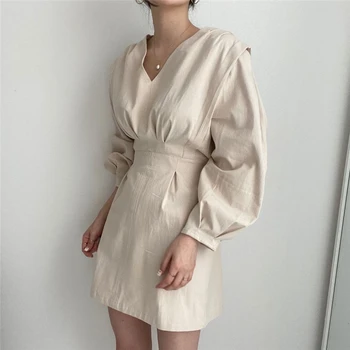 Vintage Puff Rokav, Nove do leta 2020 Žensk Jesensko Zimske Obleke A-Line korejskem Slogu Modno, Elegantno Dama Trdna Mini Obleka