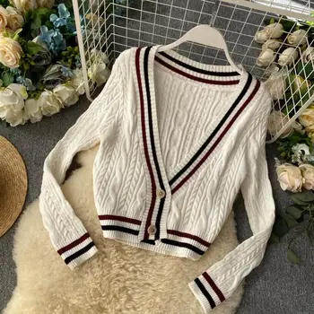 Kolegij slog 2020 pomlad novo pleteno jopico jakna ženska kratka twist Japonski globoko v vratu jopica preppy stil