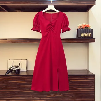 Ženska Obleka 2020 Pomlad Poletje Črna Rdeča Zložljiva V Vratu Kratko Sapo Rokav Režejo Koleno Dolžina Plus Velikost Obleke za Ženske 4xl