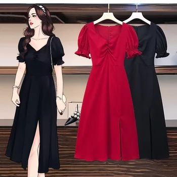 Ženska Obleka 2020 Pomlad Poletje Črna Rdeča Zložljiva V Vratu Kratko Sapo Rokav Režejo Koleno Dolžina Plus Velikost Obleke za Ženske 4xl
