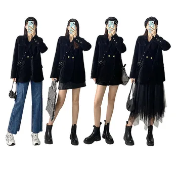 Prešite Velvet Jakna Ženske Design Nišo Zimski Plašč 2020 Nova Ulica Slog Črne Debele Trendy Prevelik Suknjič Dvojno Zapenjanje