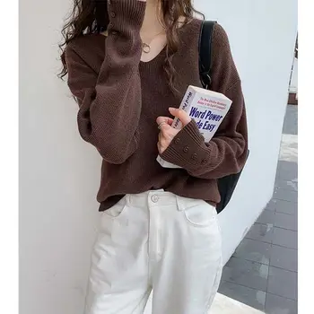 Ženske V-vratu jopica novi korejski slog ohlapen pulover topel pulover vse-match dolg rokav mehko podlago majica