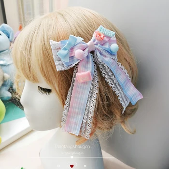 Originalne Ročno izdelane Lolita Headdress Japonski Sladko, Mehko Sestra Čipke Trim Kariran Lase Zaponko Imeti Ušesa KC Pribor za Lase Clip Strani