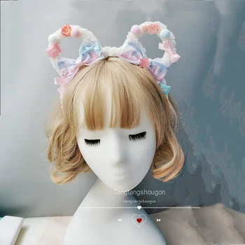 Originalne Ročno izdelane Lolita Headdress Japonski Sladko, Mehko Sestra Čipke Trim Kariran Lase Zaponko Imeti Ušesa KC Pribor za Lase Clip Strani