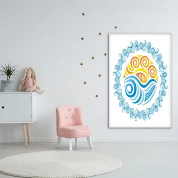 Tapiserija, Morja in Sonca v Okroglo Obliko z Valovi Narave Temo Okrasne Umetnine, Modra, Rumena