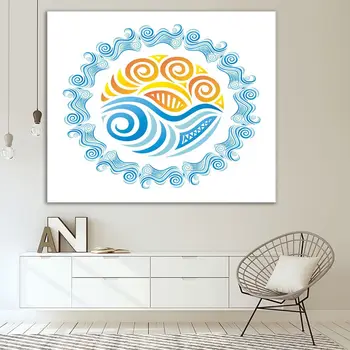 Tapiserija, Morja in Sonca v Okroglo Obliko z Valovi Narave Temo Okrasne Umetnine, Modra, Rumena