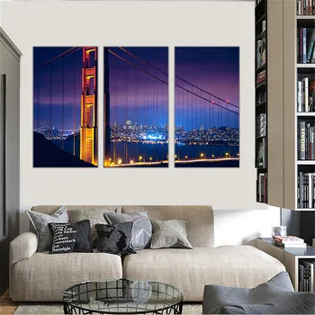 Sodobna Platno Slikarstvo Golden Gate Bridge Platno Umetniško Sliko Olje Doma Dekor Nočni Steni Sliko HD Neuokvirjeno Modularni 3 Kosov